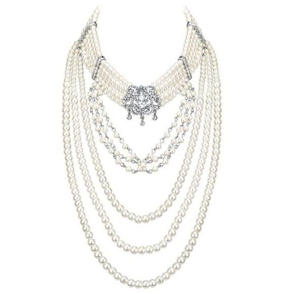 Silver with Crystal and Faux Pearl Vintage Victorian Style Bib Collar Necklace - Picture 1 of 6